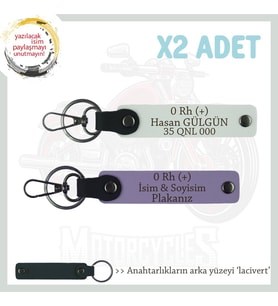 Motor Tutkunlarına Özel, İsim Plaka ve 0 Rh (+) Kan Grubu Yazılı 2'li Anahtarlık, Mor-Bordo-Laci (Çok Renkli)