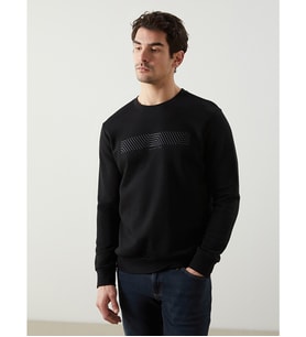 LCWAIKIKI Classic Siyah Bisiklet Yaka Baskılı Erkek Kalın Sweatshirt