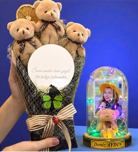 Kişiye Özel Renkli Led Işıklı Biblolu Fanus ve Aynalı Kahverengi Peluş Ayıcık Buketi (Model 9)