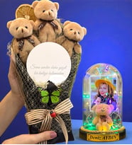 Kişiye Özel Renkli Led Işıklı Biblolu Fanus ve Aynalı Kahverengi Peluş Ayıcık Buketi (Model 9)