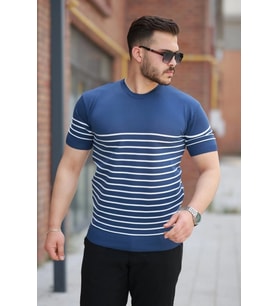 pilelistore- Erkek çizgi Desenli Bisiklet Yaka Kısa Kollu T-sihrt (Mavi)