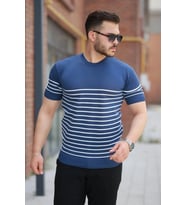pilelistore- Erkek çizgi Desenli Bisiklet Yaka Kısa Kollu T-sihrt (Mavi)