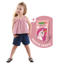 Kız Bebek Çocuk Pembe Müslin Bluz Şort Takım (Çok Renkli)
