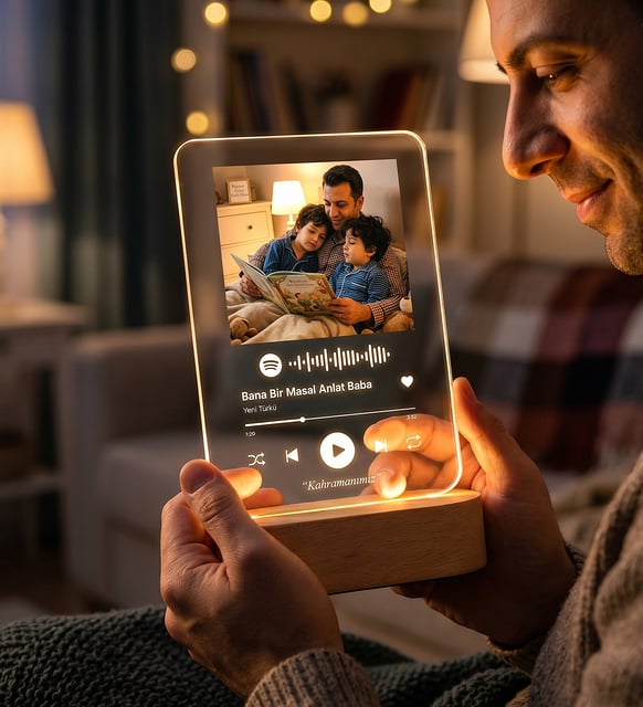 Kişiye Özel Spotify Tasarımlı Fotoğraflı LED Gece Lambası Ahşap Tabanlı Hediye
