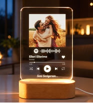 Sevgiliye Kişiye Özel Spotify Tasarımlı QR Kod Fotoğraflı LED Gece Lambası Ahşap Kaideli Hediye