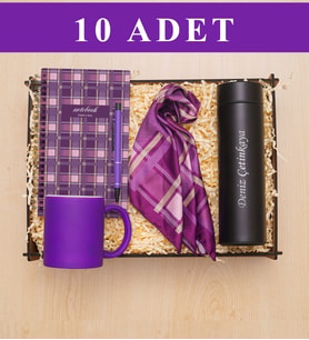 Kadınlar Günü 10’lu Hediye Seti  Kişiye Özel Termoslu Ahşap Kutu, Kupa, Defter, Fular