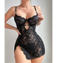 Amora Secret Siyah Full Dantel İşlemeli İnce Askılı Yırtmaçlı Likralı Fantezi Gecelik