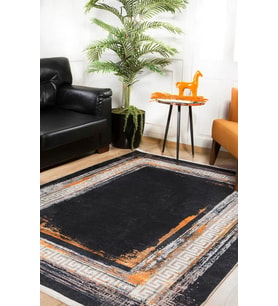 Geometrik Halı Turuncu Siyah Modern Salon Halısı Dijital Baskı Kaymaz Tabanlı Koridor