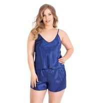 Primoda Büyük Beden Saks Saten Babydoll Şort Takımı 1061
