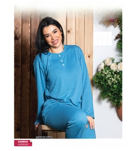 Sude Kadın Bambu İnterlok Büyük Beden Uzun Kol Yakası Düğmeli Pijama Takımı A939/15 - 1 Adet (Mavi)