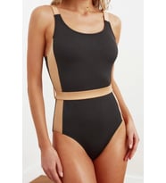 Kadın Moda Atma Kap Askılı Brief Yaka Siyah Kemerli Colour Block Regular Mayo