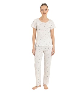 Seamlife Kadın %100 Pamuk Kalp Desenli Kısa Kollu Pijama Takımı 466542 (Beyaz)