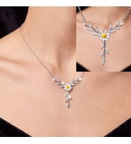 925 Ayar Gümüş Mineli Papatya & Işıltılı Yaprak Dalı Kadın Kolye
