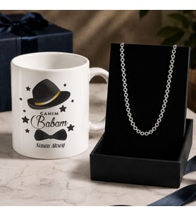 BK Gift Kişiye Özel Babalar Günü Tasarımlı Beyaz Kupa & Rolo Zincir Kolye -4, Babalar Günü Hediyesi