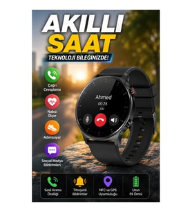Akıllı Saat Nabız Ölçer Adımsayar Titreşimli Çağrı Yanıtlamalı Siyah Kordon