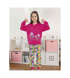 Kız Çocuk Interlok Pembe Çiçekli Pijama Takımı