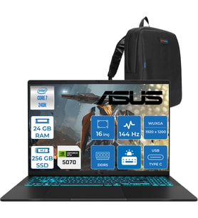 Asus Vivobook V16 2.nesil Core 7 240H Aı 24GB Ddr5 256GB SSD RTX5070/8GB 16.0-Inch, Wuxga (1920 x 1200) 300NITS 144Hz  Freedos Gaming Bilgisayar WV3607VPF06+ZETTAÇANTA