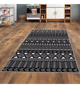 Geometrik Etnik Çizgi Desenli Siyah Beyaz Dijital Baskı Yıkanabilir Kaymaz Taban Modern Salon Halısı