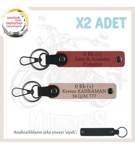 Motosiklet Sevene, İsim Plaka, 0 Rh (+) Kan Grubu Acil Durum x2 Anahtarlık, Nar Çiçeği-Yavruağzı-Syh (Çok Renkli)
