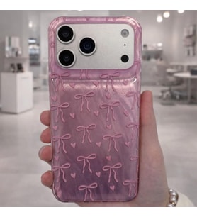 İPhone 17 Pro İle Uyumlu Yüksek Kalite Özel Tasarım Hologramlı Kurdele Desenli Sert Silikon Şık Telefon Kılıfı Pembe İdb-264
