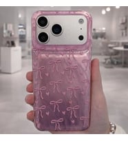 İPhone 17 Pro İle Uyumlu Yüksek Kalite Özel Tasarım Hologramlı Kurdele Desenli Sert Silikon Şık Telefon Kılıfı Pembe İdb-264
