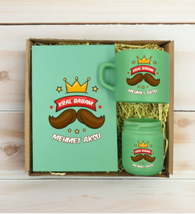 BK Gift Kişiye Özel İsimli DTF Baba Temalı Yeşil Defter & Kahve Fincanı & Mum Hediye Seti-3, Babaya Hediye, Babalar Günü Hediyeleri