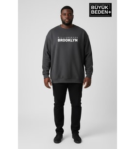 Erkek Büyük Beden Willams Brooklyn Baskılı Bisiklet Yaka ince Sweatshirt SPR26BSW956-16 (Antrasit)