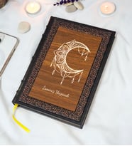 Ay Mandala Desenli Termo Deri + Ahşap Anı Defteri - Çizgili Defter - Hediyelik (17x24 cm- 320 Sayfa)