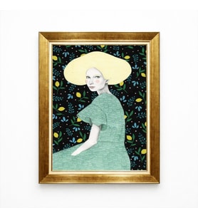 Tablore Modern Kadın İllüstrasyon Çerçeveli Tablo Limon Desenli Salon Duvar Dekoru