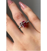 14 K White Gold Kaplama 925 Ayar Gümüş Ruby Kalp Tektaş Yüzük