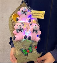 Renkli Led Işıklı Kişiye Özel Pembe Ayıcıklı Büyük Boy Peluş Ayıcık Buketi (Model 1)
