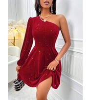 Kadın Tek Omuzdan Açık Uzun Kollu Taşlı Mini Elbise (Kırmızı)