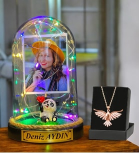 Kişiye Özel Renkli Led Işıklı Fanus ve Zümrüdü Anka Kuşu Kolyesi (Model 8)