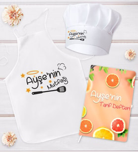 BK Gift Kişiye Özel Mutfak Önlüğü Aşçı Şapkası ve Tarif Defteri Hediye Seti Model 2