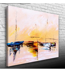 Sahilde Demirli Yelkenliler Yağlıboya Kanvas Tablo 50 x 70