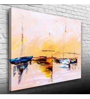 Sahilde Demirli Yelkenliler Yağlıboya Kanvas Tablo 50 x 70