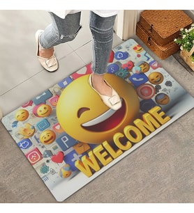 Valerine Life Gülen Surat Emoji Welcome Kapı Önü Paspası 45x70cm (Gri - Lacivert - Sarı)