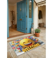 Valerine Life Kapı Önü Paspası 45x70cm Kaymaz Taban Dekoratif iç Dış Mekan Gülen Surat Emoji