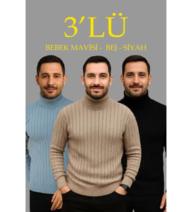 Erkek Fitilli Triko Kazak 3lÜ Set Bebek Mavisi Bej Siyah Regular Balıkcı Yaka Tam Boğazlı Triko Seti Modeli Kazak