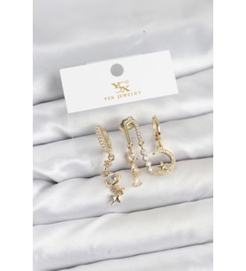 Pirinç Gold Renk Zirkon Taşlı Uzay Model YSX Trio Küpe Seti TJ-BKP11568