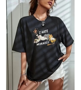 Bisiklet Yaka Baskılı Oversize T-Shirt - Siyah