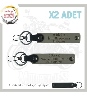 MotoKuryelere Özel Üretim, İsim Plaka ve 0 Rh (+) Kan Grubu Yazılı x2' li Anahtarlık, Kül Gri-Syh (Çok Renkli)