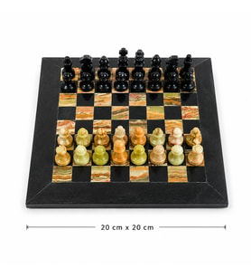 El Yapımı Siyah & Yeşil Oniks Doğal Taş Satranç Takımı 20x20 cm (8 İnç) Dekoratif Mermer Satranç Seti Hediyelik Premium Satranç