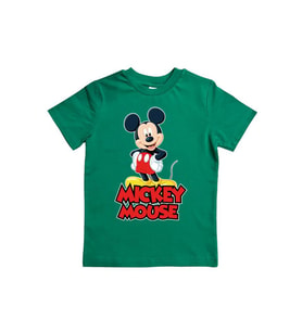 Mickey Mouse baskılı pamuklu penye kumaş yazlık çocuk tişört (Yeşil)