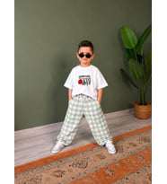 Cg Kids Camp Life Nakışlı Tişört ve Ekose Pantolon Erkek Çocuk Alt Üst Takımı / Su Yeşili