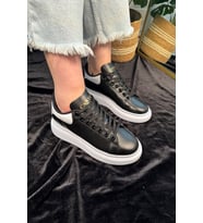 Günlük Unisex Spor Ayakkabı Vegan Deri Bağcıklı Hafif Kalın Yüksek Taban Yürüyüş Sneaker 999 (Siyah - Beyaz)