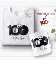 BK Gift 100. Yıl Hatırası Beyaz Tişört, Kupa Bardak ve Gold Metal Rozet Hediye Seti, 29 Ekim Hediyesi, Cumhuriyet Bayramı, 100.Yıl Hediyesi