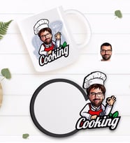 BK Gift Kişiye Özel Erkek Chef Karikatürlü Beyaz Kupa ve Ahşap Bardak Altlığı Hediye Seti-14