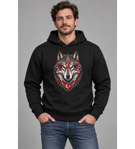 Kırmızı Ay Yıldız Kurt Baskılı Siyah Kapüşonlu Cepsiz Sweatshirt