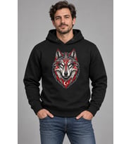 Kırmızı Ay Yıldız Kurt Baskılı Siyah Kapüşonlu Cepsiz Sweatshirt